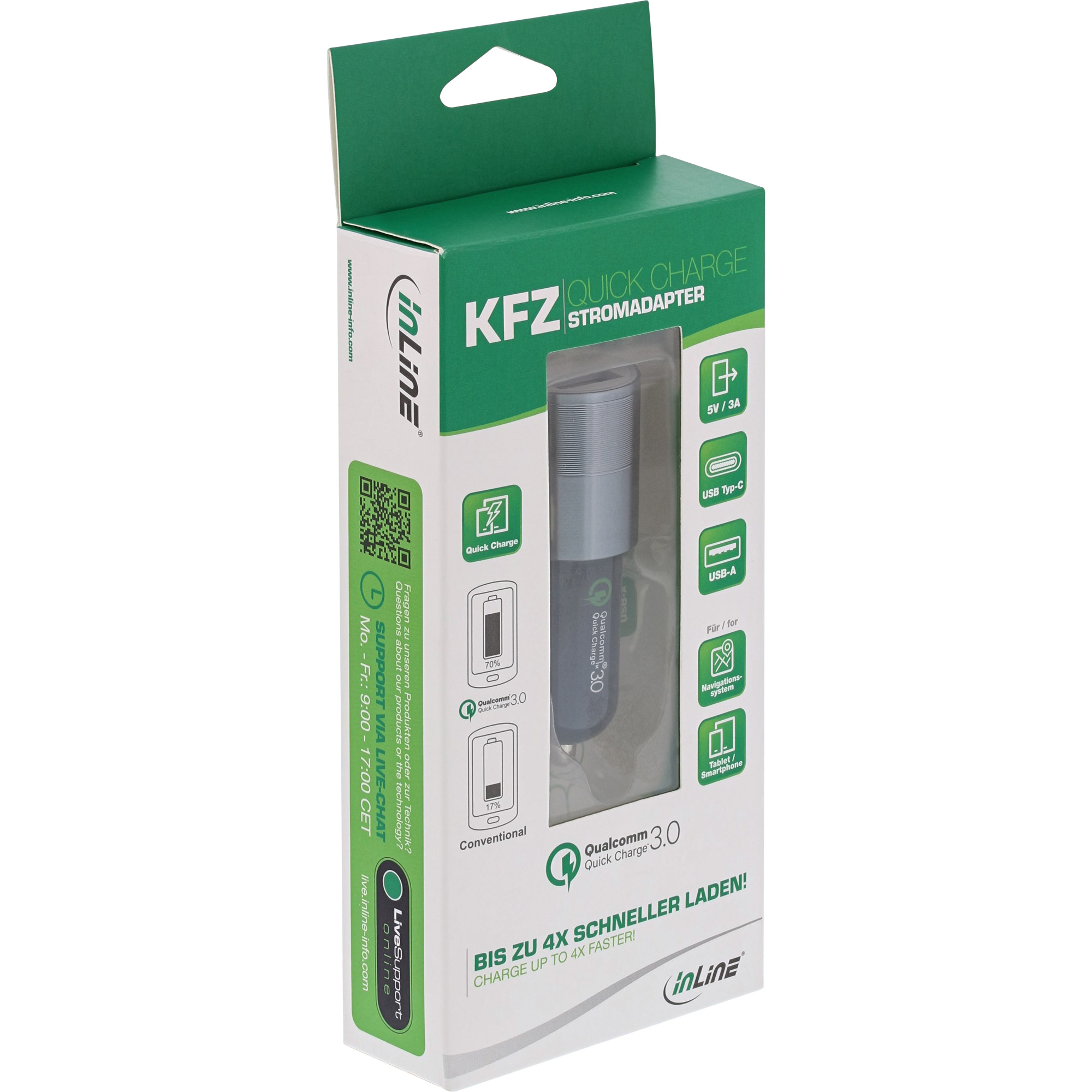 InLine USB KFZ Ladegerät 12V/24V - Quick Charge - USB-A + USB Typ