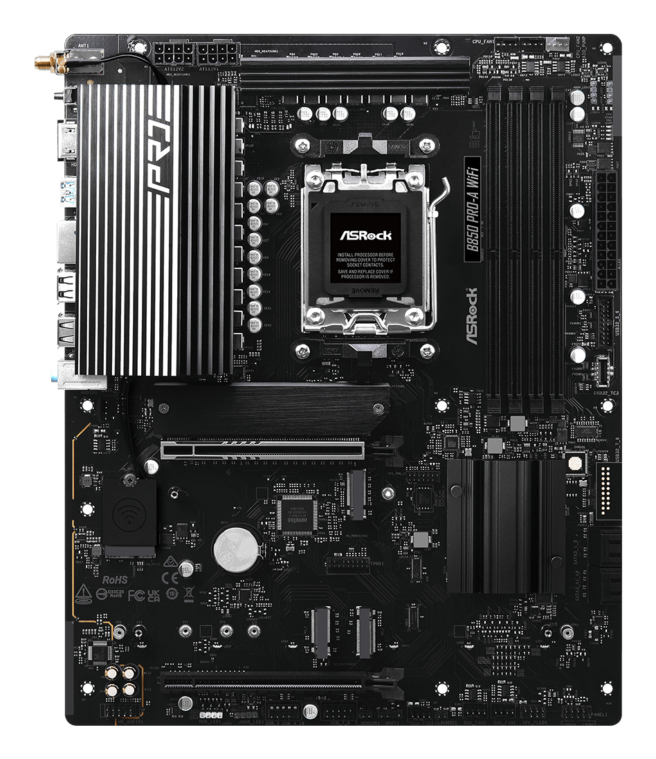 ASRock B850 Pro-A WiFi - Motherboard - ATX - Socket AM5 - AMD B850 Chipsatz - USB-C 3.2 Gen 2x2, USB-C 3.2 Gen 1, USB 3.2 Gen 1, USB-C 3.2 Gen2 - 2.5 Gigabit LAN, Wi-Fi 6E, Bluetooth - Onboard-Grafik (CPU erforderlich)