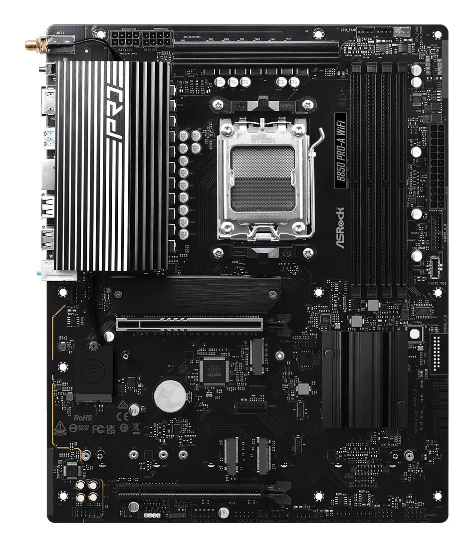 ASRock B850 Pro-A WiFi - Motherboard - ATX - Socket AM5 - AMD B850 Chipsatz - USB-C 3.2 Gen 2x2, USB-C 3.2 Gen 1, USB 3.2 Gen 1, USB-C 3.2 Gen2 - 2.5 Gigabit LAN, Wi-Fi 6E, Bluetooth - Onboard-Grafik (CPU erforderlich)