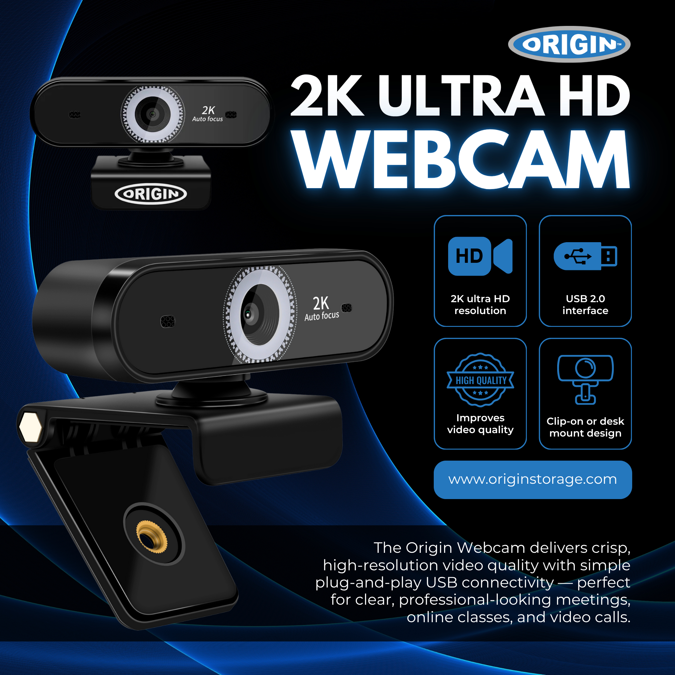 Origin Storage OS-USB-2KWEBCAM c�mara web 5 MP 2592 x 1944 Pixeles USB 2.0 Negro