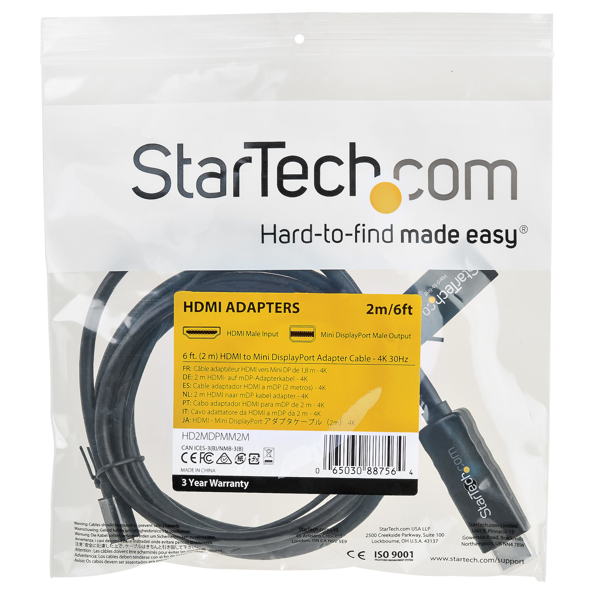 StarTech.com 6ft 2m Mini DisplayPort to HDMI Cable - 4K 30Hz Mini DP to  HDMI Adapter Cable - mDP 1.2