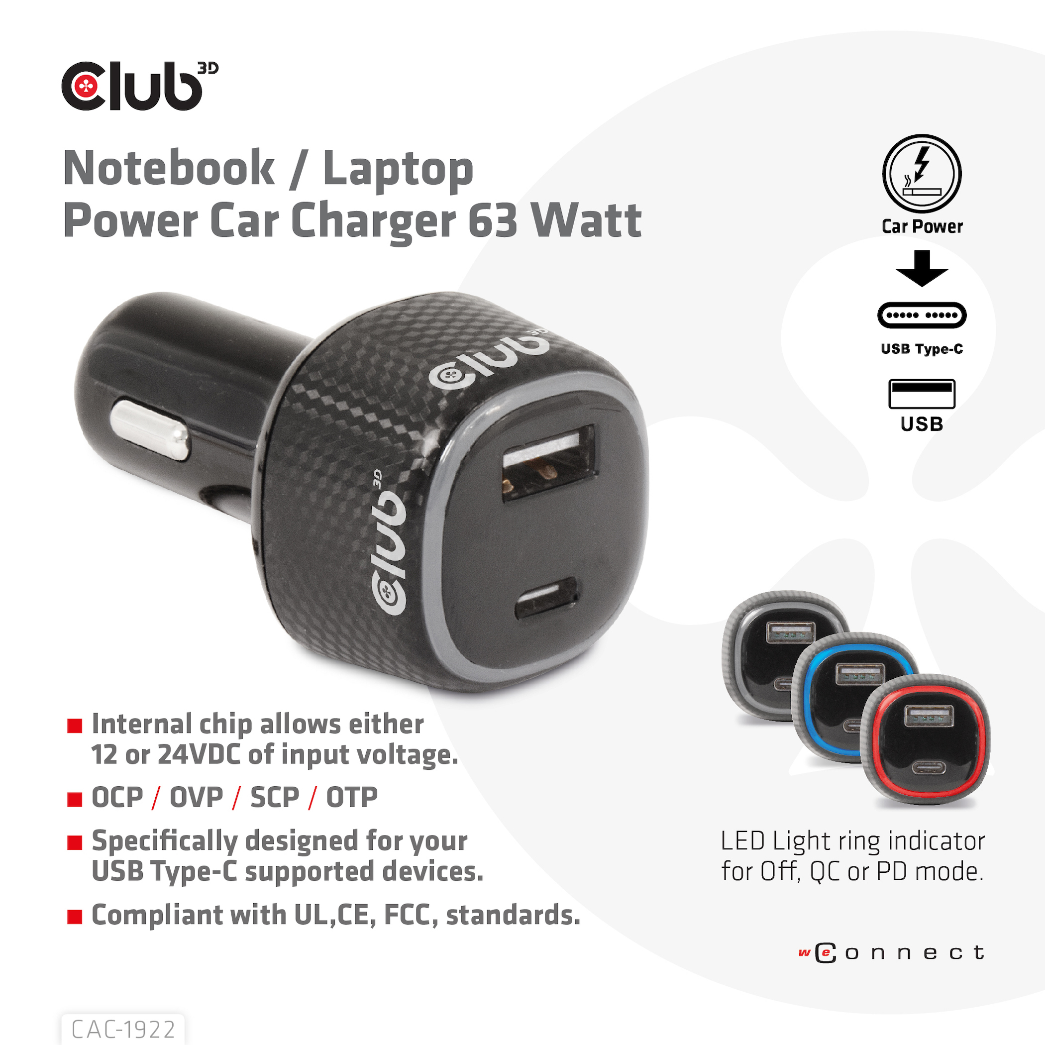 Club 3D USB KFZ-Ladeger�t 1xUSB C A 63W 12/24V retail