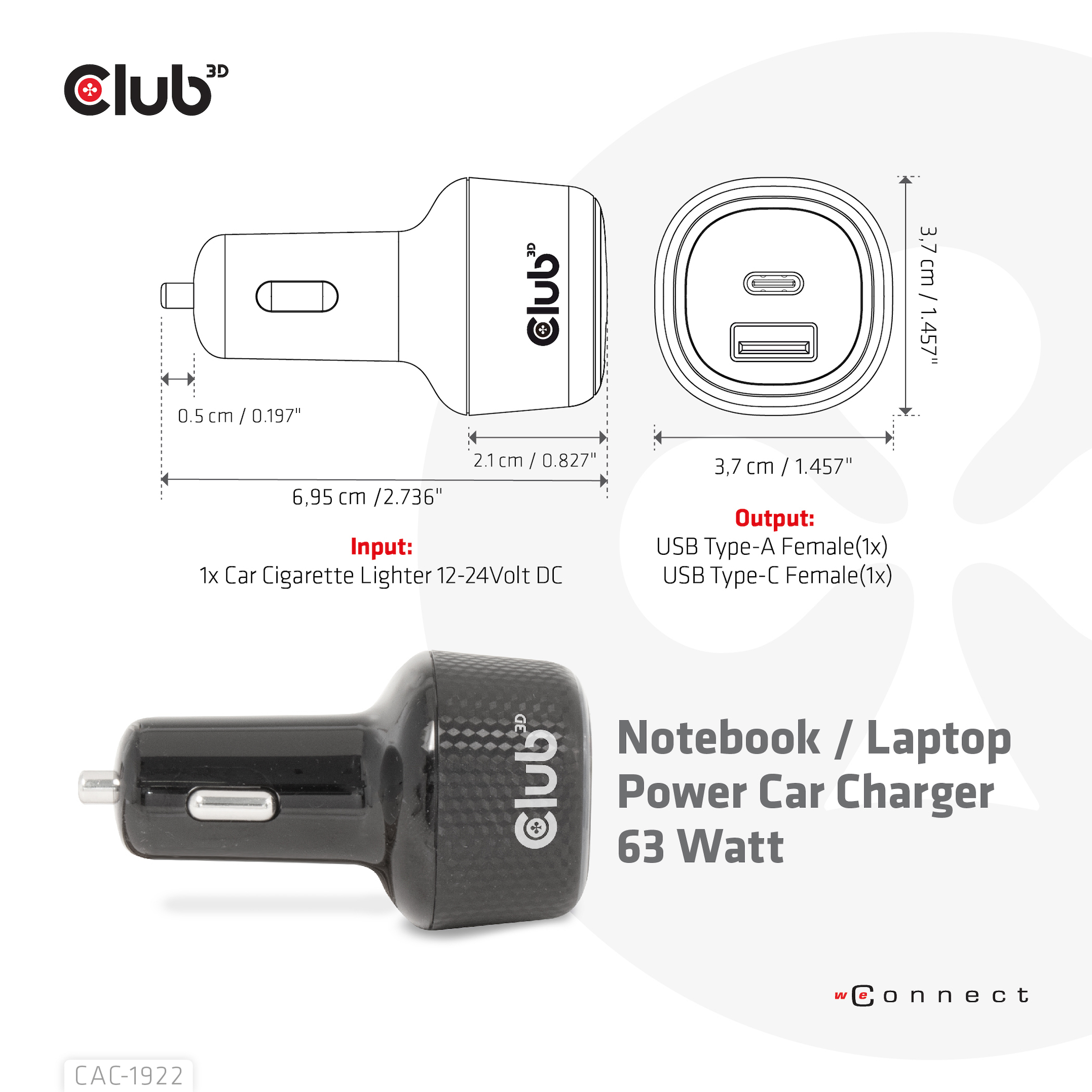 Club 3D USB KFZ-Ladeger�t 1xUSB C A 63W 12/24V retail