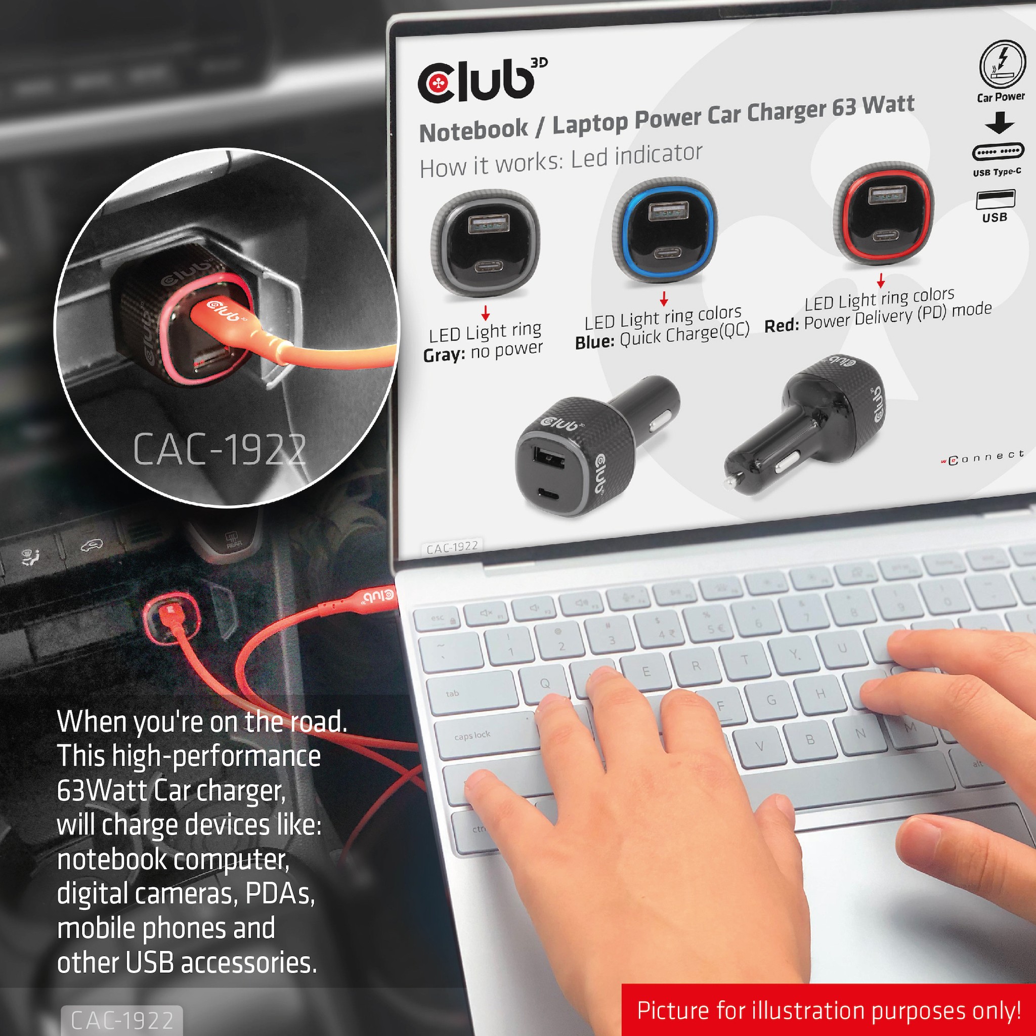 Club 3D USB KFZ-Ladeger�t 1xUSB C A 63W 12/24V retail