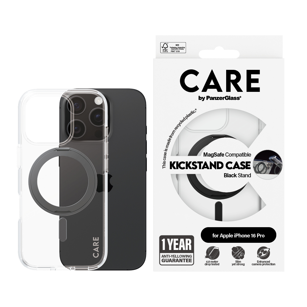 PanzerGlass CARE by � Case Transparent w. Black Kickstand & MagSafe iPhone 16 Pro coque de protection pour t�l�phones portables Housse Noir