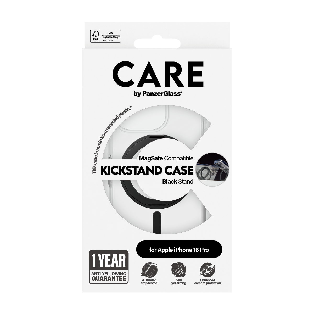 PanzerGlass CARE by � Case Transparent w. Black Kickstand & MagSafe iPhone 16 Pro coque de protection pour t�l�phones portables Housse Noir