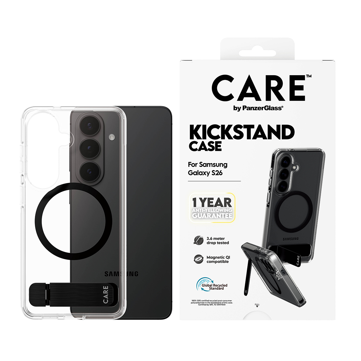 PanzerGlass CARE by � Urban Explorer Case Transparent w. Black Kickstand & Qi Samsung Galaxy S26 funda para tel�fono m�vil Transparente