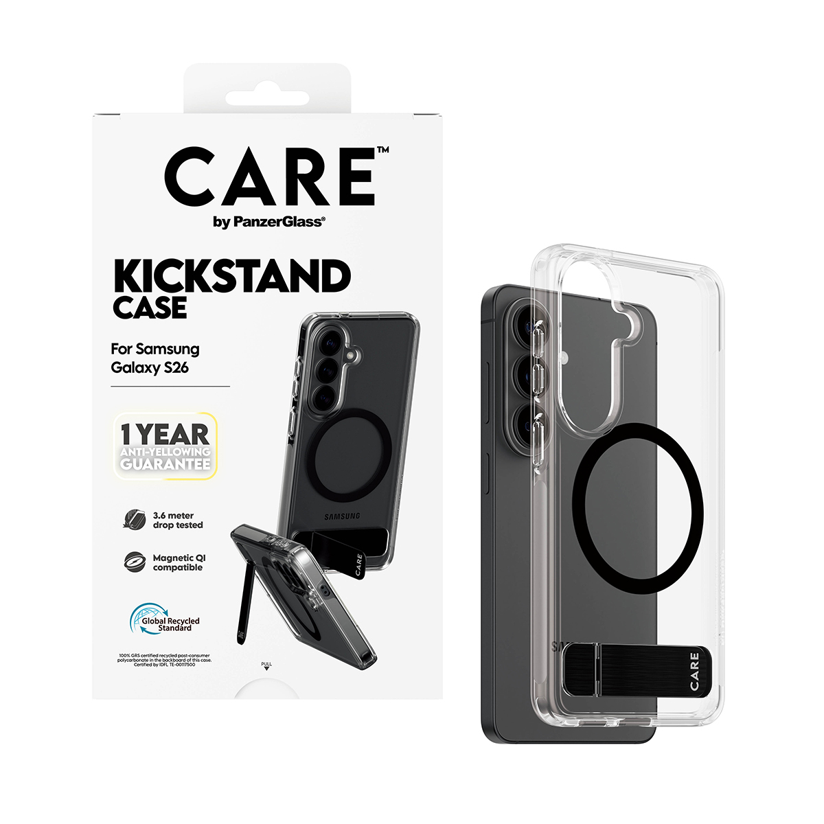 PanzerGlass CARE by � Urban Explorer Case Transparent w. Black Kickstand & Qi Samsung Galaxy S26 funda para tel�fono m�vil Transparente