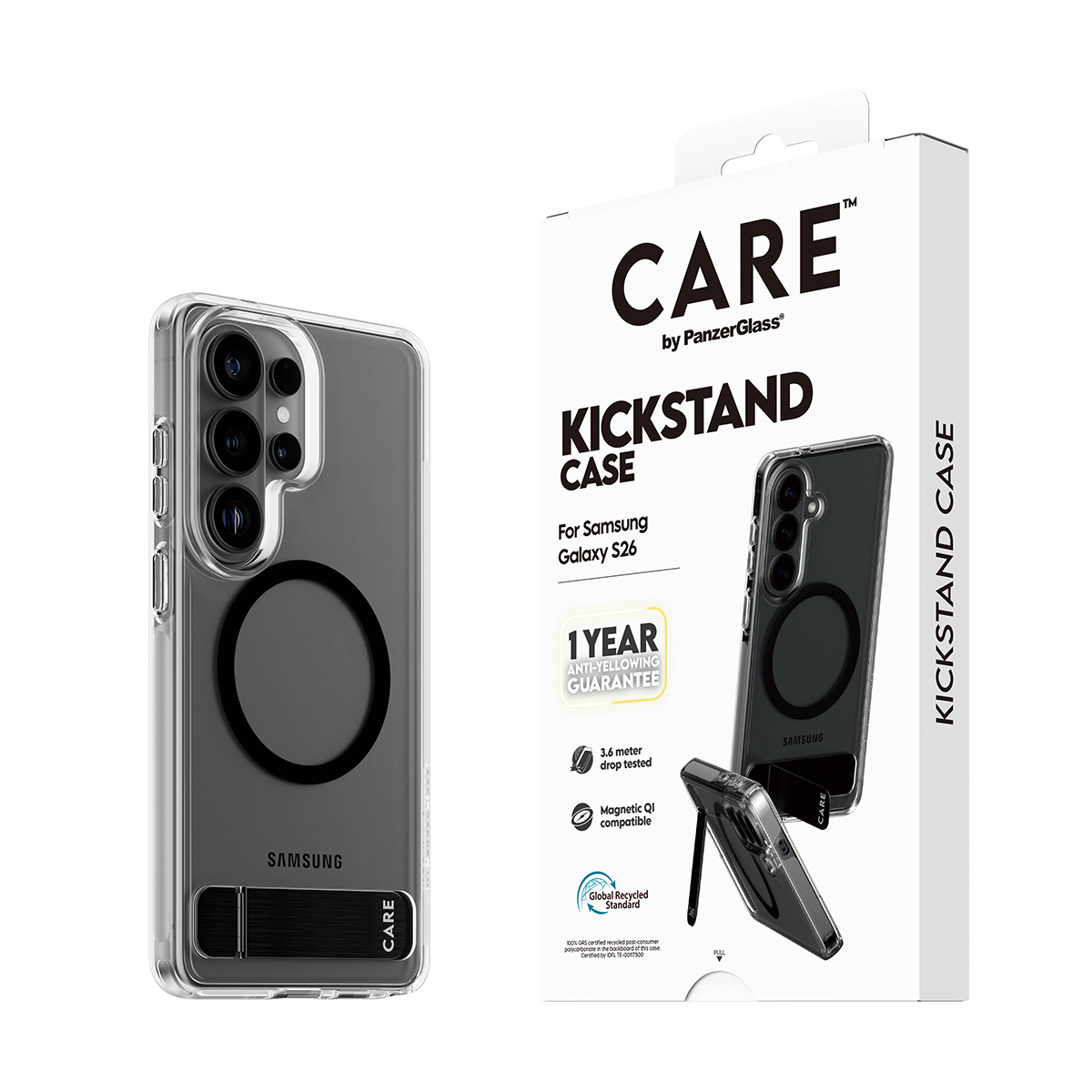 PanzerGlass CARE by � Urban Explorer Case Transparent w. Black Kickstand & Qi Samsung Galaxy S26 funda para tel�fono m�vil Transparente