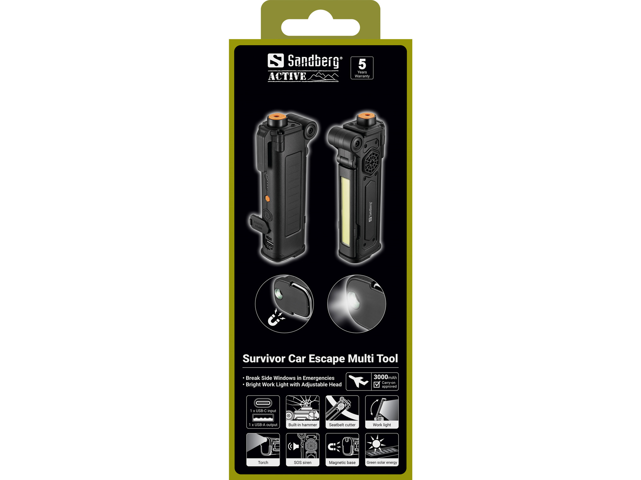SANDBERG Survivor Car Escape Multi Tool - Powerbank - 3000 mAh - 11.1 Wh - 1 A (USB)