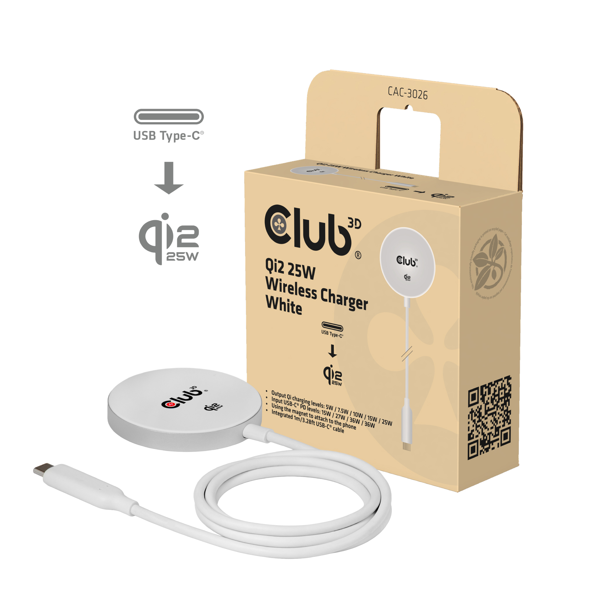 CLUB3D CAC-3026 Qi2 25W Wireless Charger White Qi 2.2 MagSafe Compatible Magnetic Pad