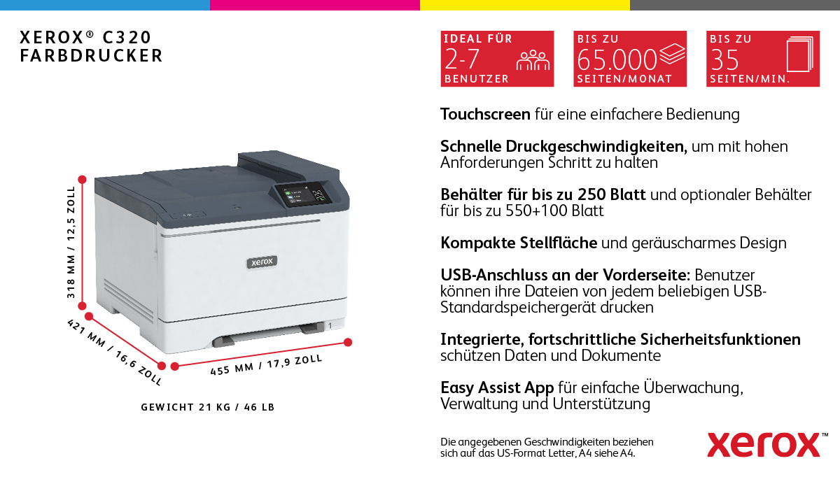 Xerox C320 Imprimante recto verso sans fil A4 33 ppm, PS3 PCL5e/6, 2 magasins Total 251 feuilles