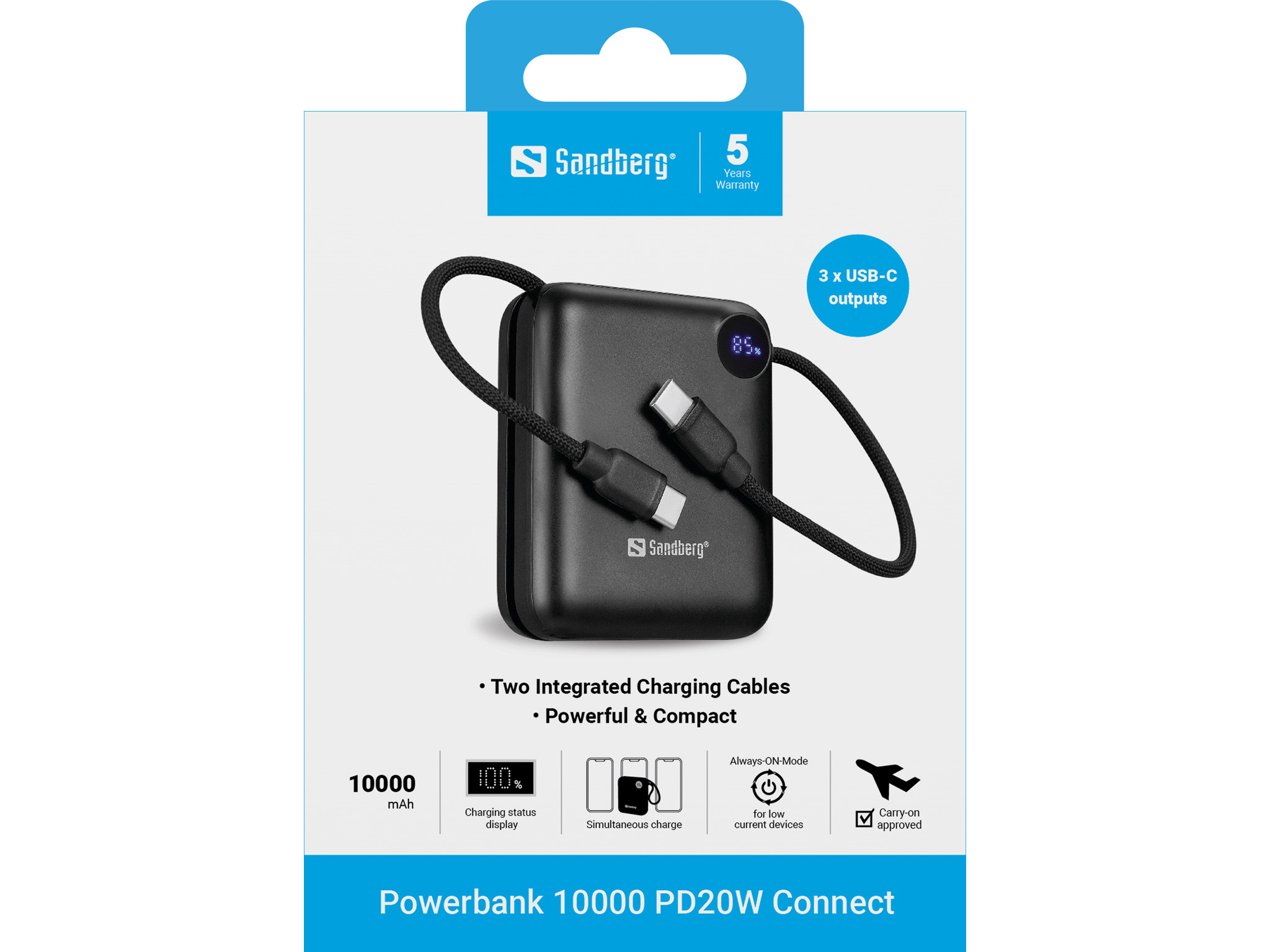 SANDBERG Connect - Powerbank - 10000 mAh - 38.5 Wh - 20 Watt - 3 A - PD 2.0, Power Delivery 3.1, QC 2.0, QC 3.0 - 3 Ausgabeanschlussstellen (24 pin USB-C)