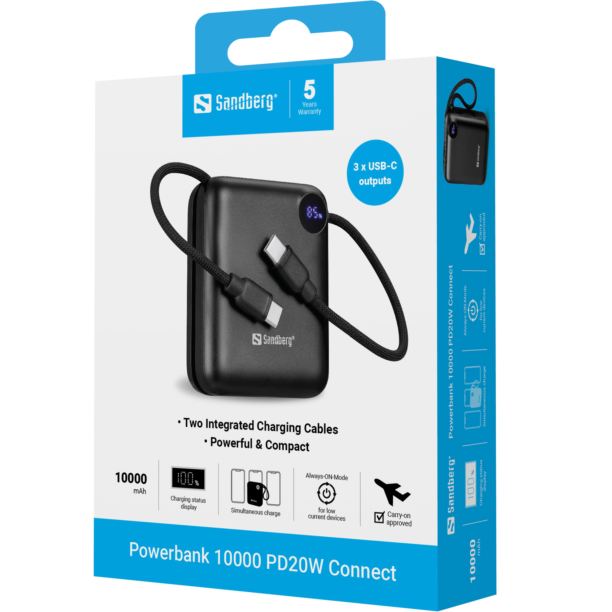 SANDBERG Connect - Powerbank - 10000 mAh - 38.5 Wh - 20 Watt - 3 A - PD 2.0, Power Delivery 3.1, QC 2.0, QC 3.0 - 3 Ausgabeanschlussstellen (24 pin USB-C)