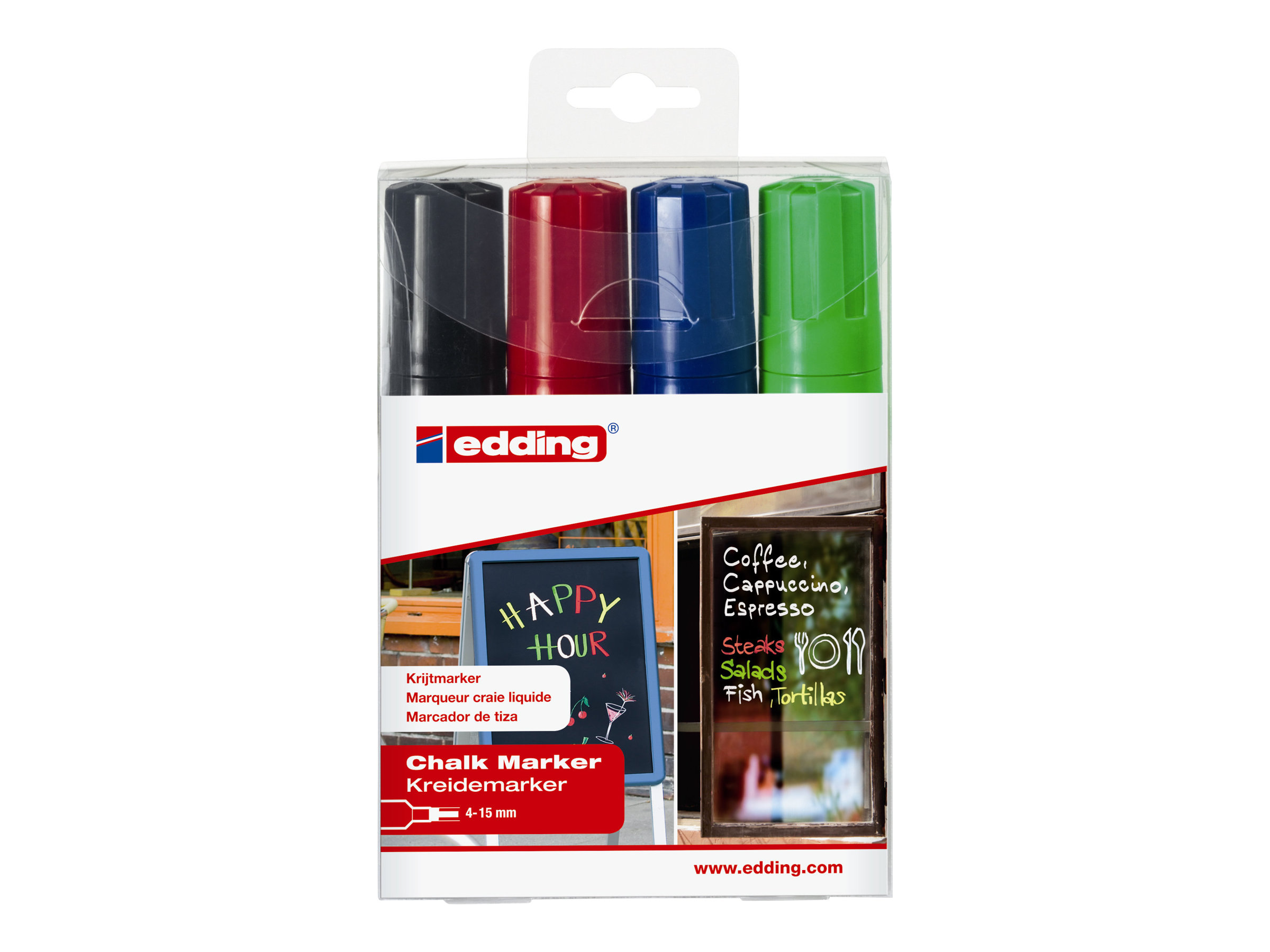 EDDING 4090 Chalk Marker Chisel Tip 4-15mm Line Assorted Colours Pack 4