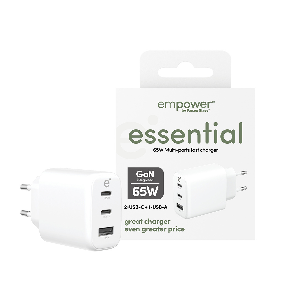 PanzerGlass empower by � essential 65W Charger incl. 2 x USB-C + USB-A | EU Plug | Silver White Bianco