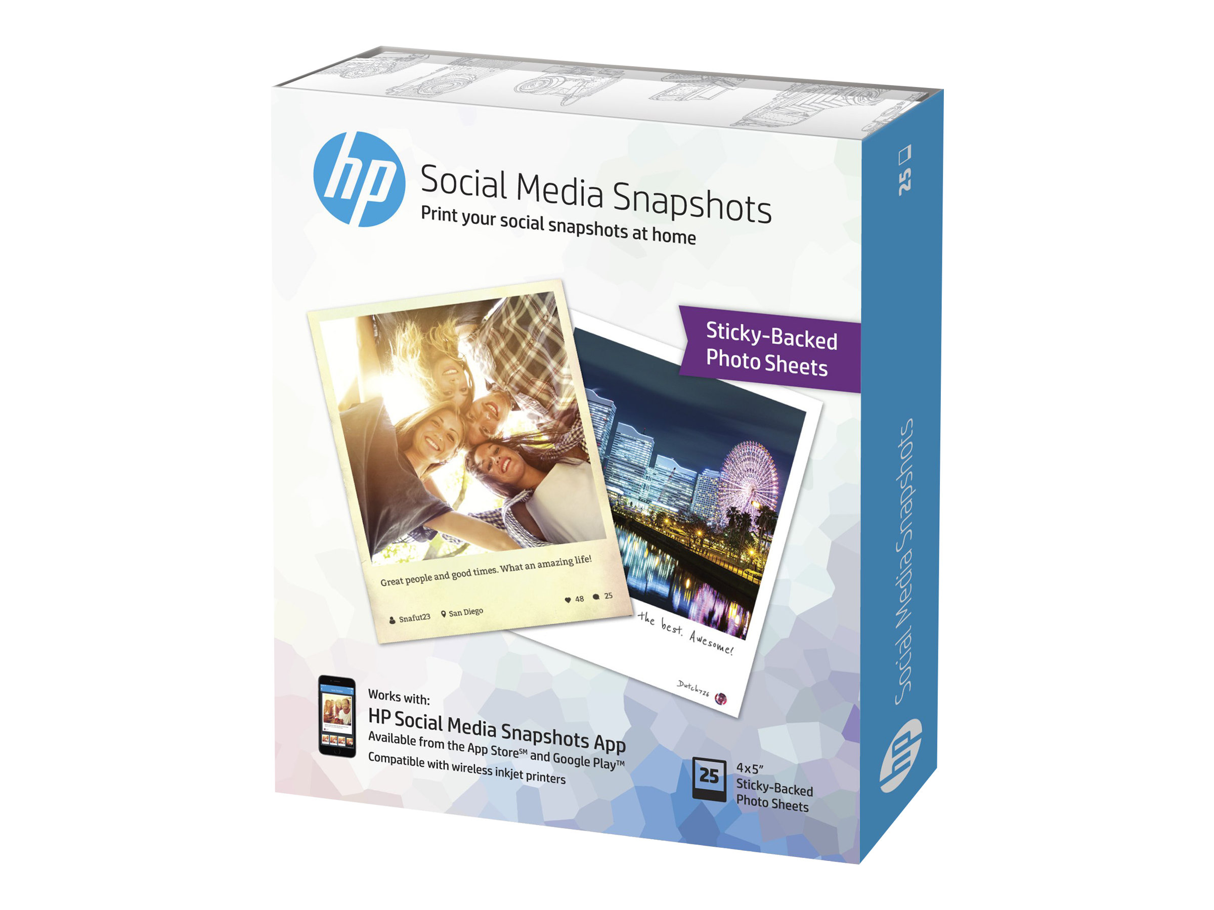 HP Social Media Snapshots Removable Sticky Photo Paper-25 sht/10 x 13 cm papel fotogr�fico Blanco Semi-brillo