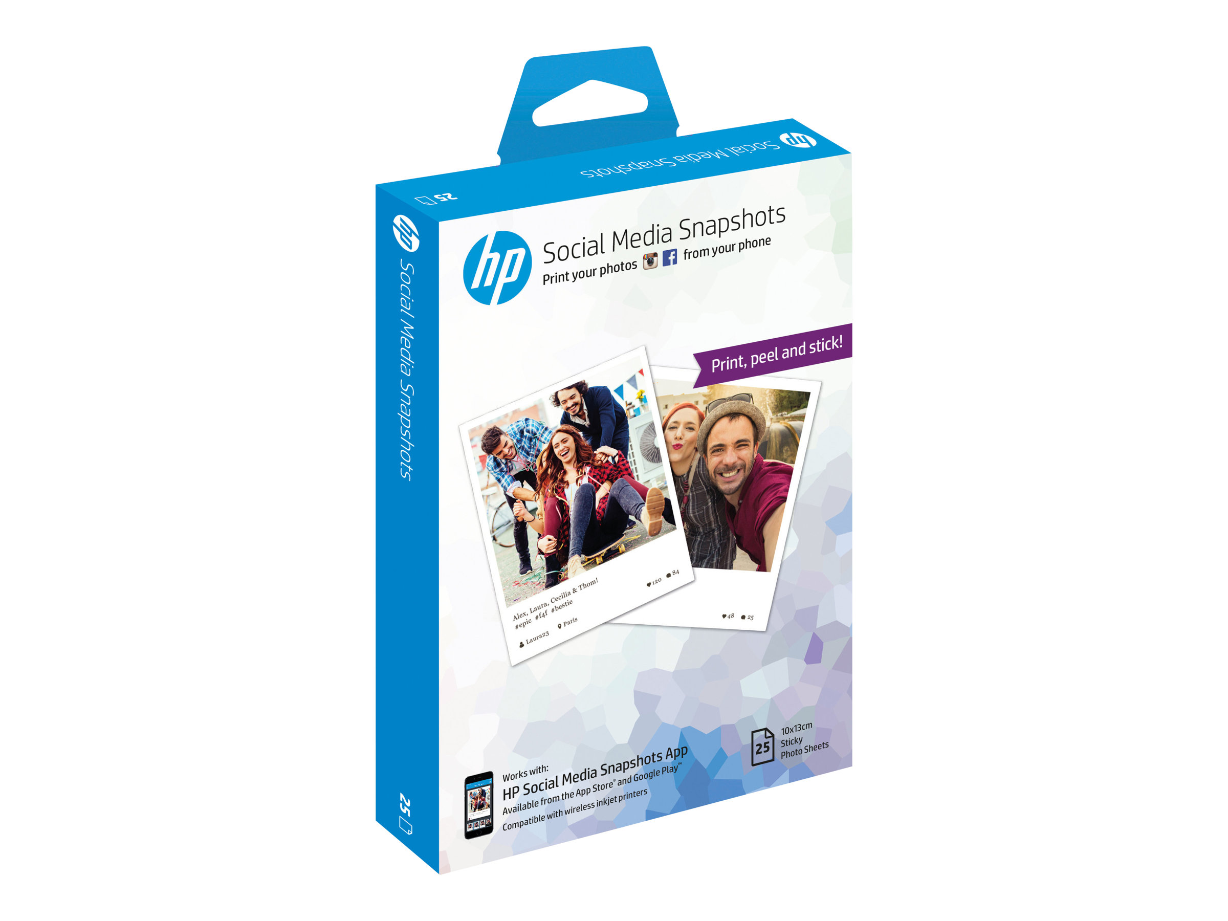 HP Social Media Snapshots Removable Sticky Photo Paper-25 sht/10 x 13 cm papel fotogr�fico Blanco Semi-brillo