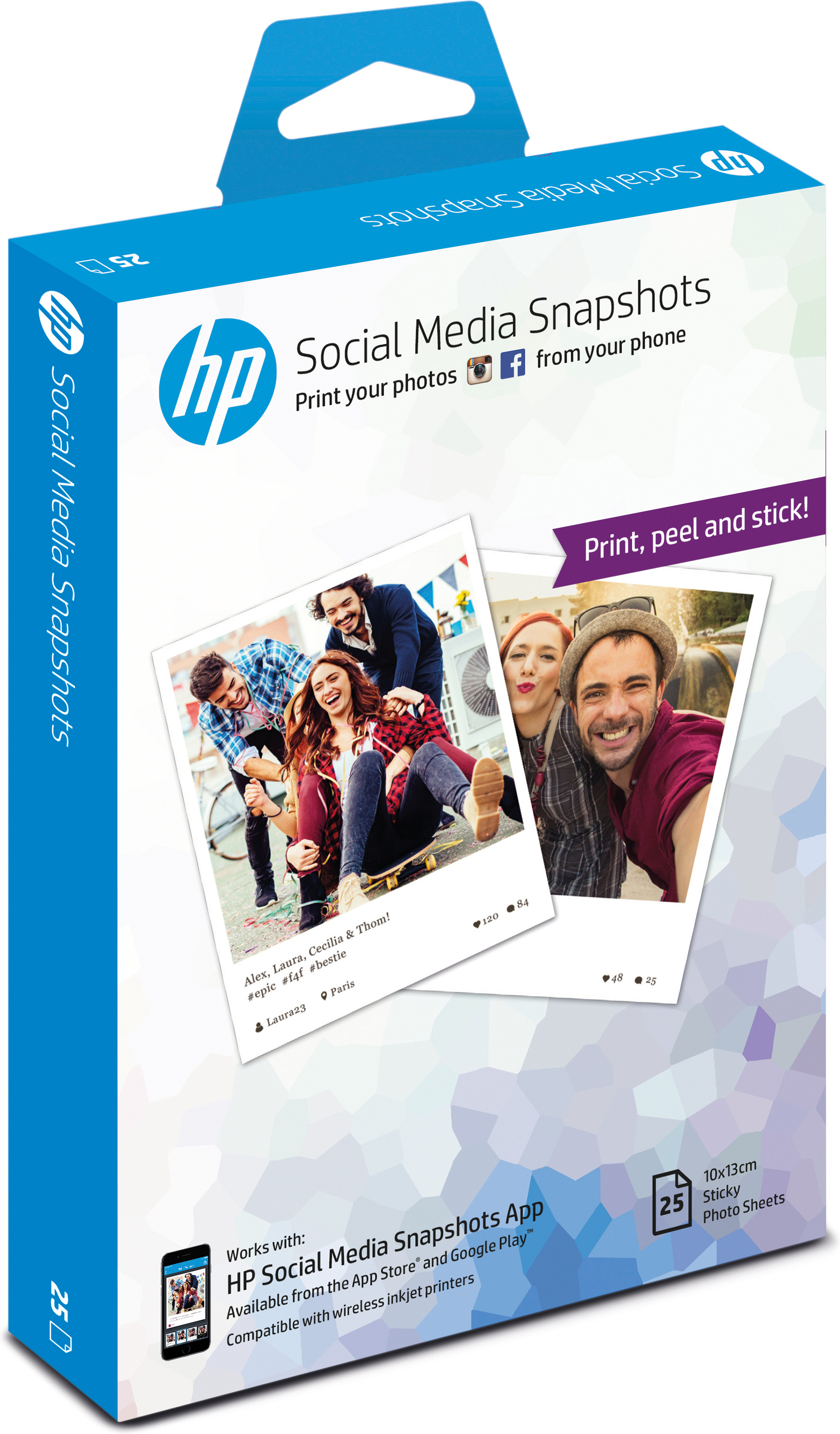HP Social Media Snapshots Removable Sticky Photo Paper-25 sht/10 x 13 cm papel fotogr�fico Blanco Semi-brillo