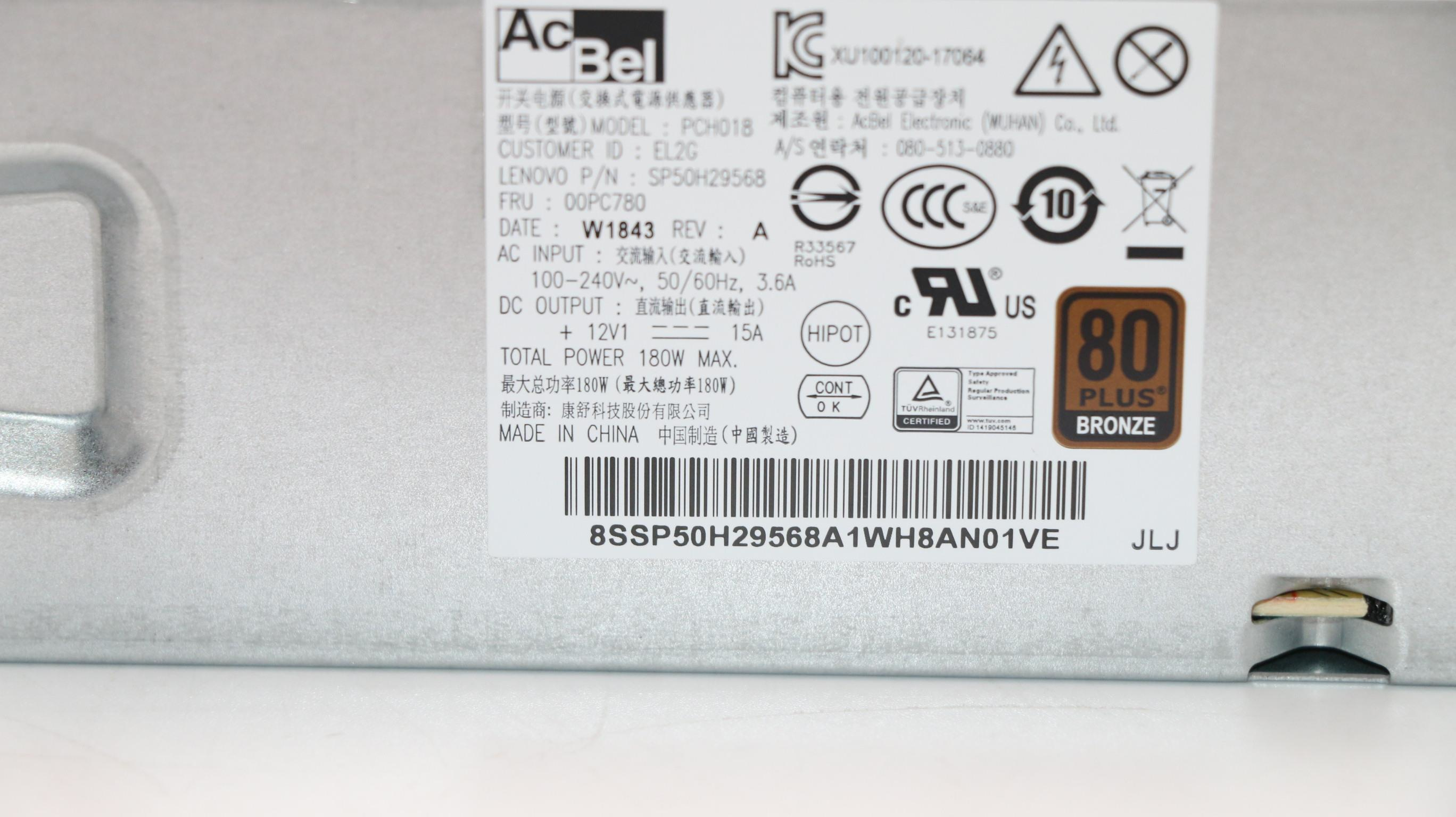 Lenovo 00PC780 - 180 W - 100 - 240 V - 50 - 60 Hz - 3.6 A - PC - 80 PLUS Bronze