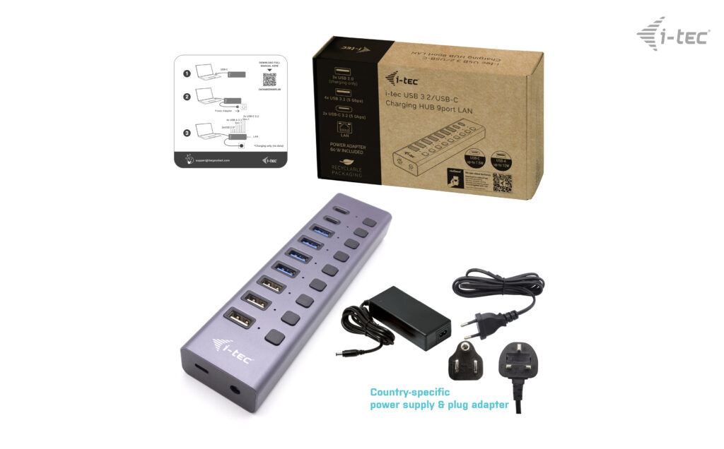 i-tec CACHARGEHUB9LANUK hub di interfaccia USB 2.0 Type-C 5000 Mbit/s Grigio