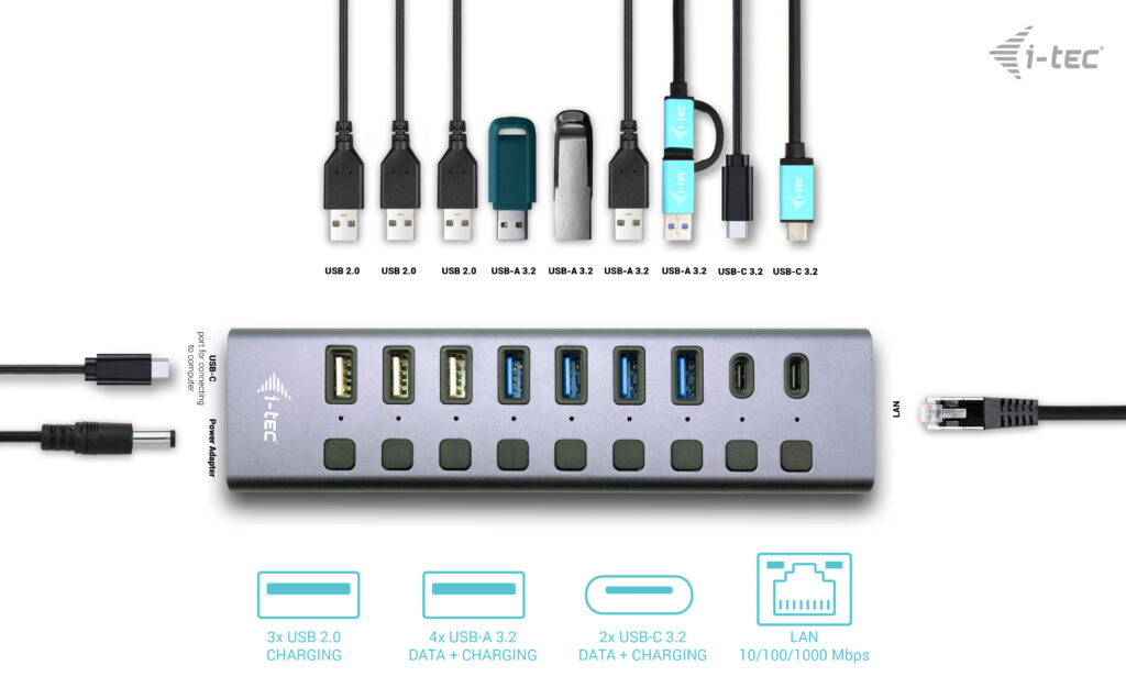 i-tec CACHARGEHUB9LANUK hub di interfaccia USB 2.0 Type-C 5000 Mbit/s Grigio