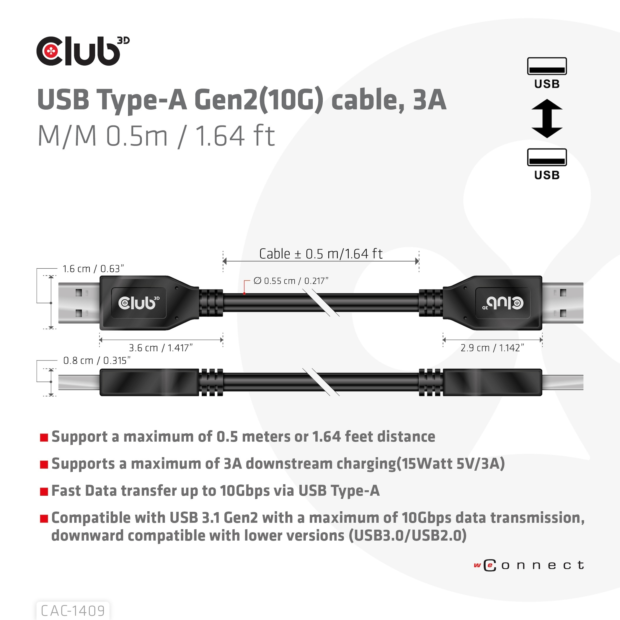 CLUB3D Cable USB Tipo-A Gen2(10G), 3A M/M 0.5m / 1.64 ft