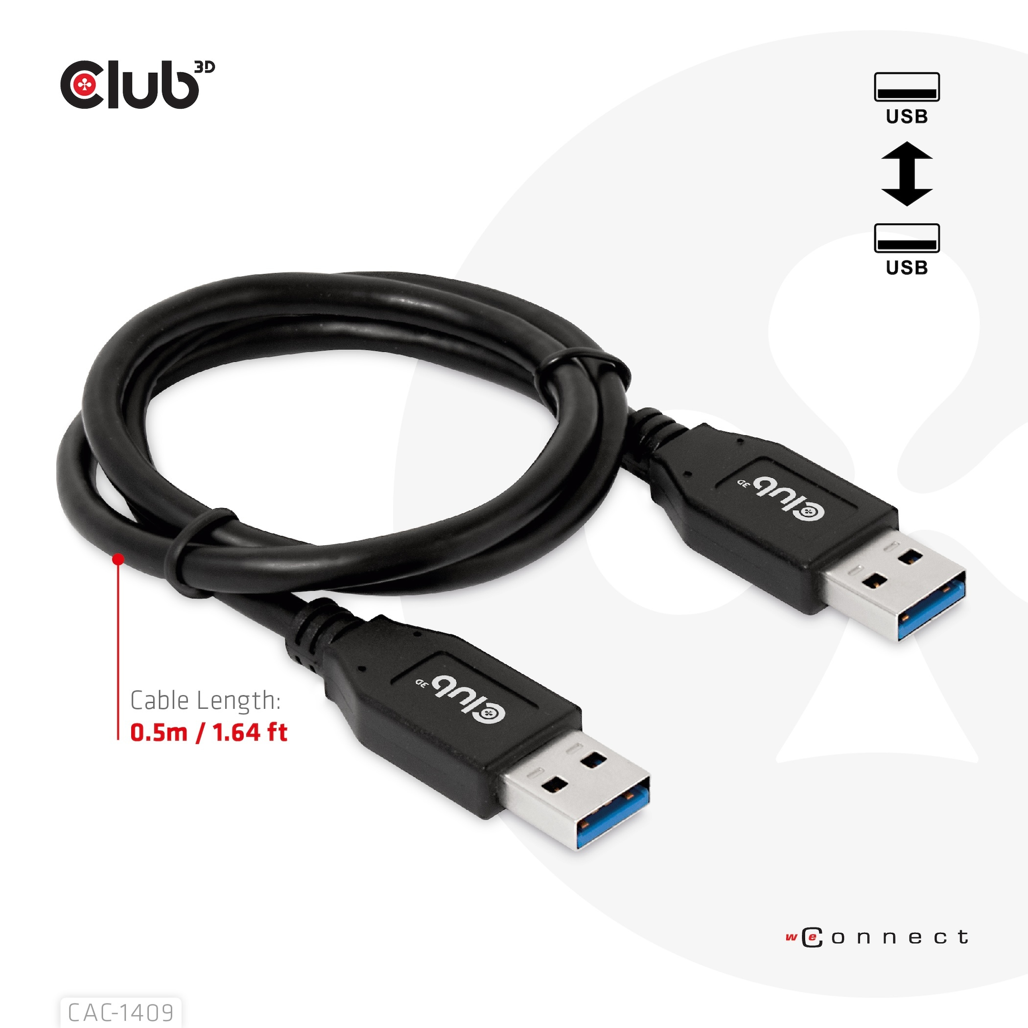 CLUB3D Cable USB Tipo-A Gen2(10G), 3A M/M 0.5m / 1.64 ft