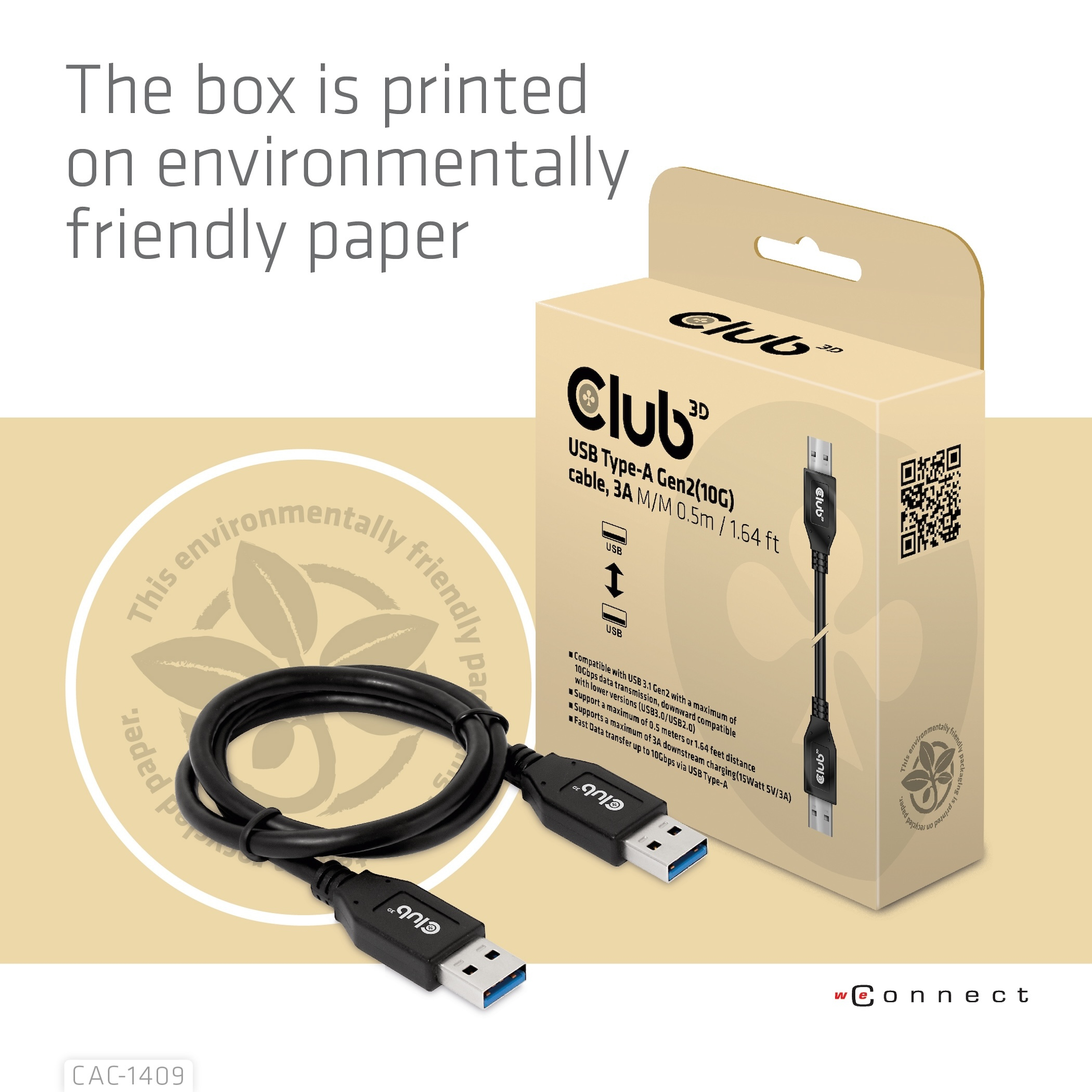 CLUB3D Cable USB Tipo-A Gen2(10G), 3A M/M 0.5m / 1.64 ft