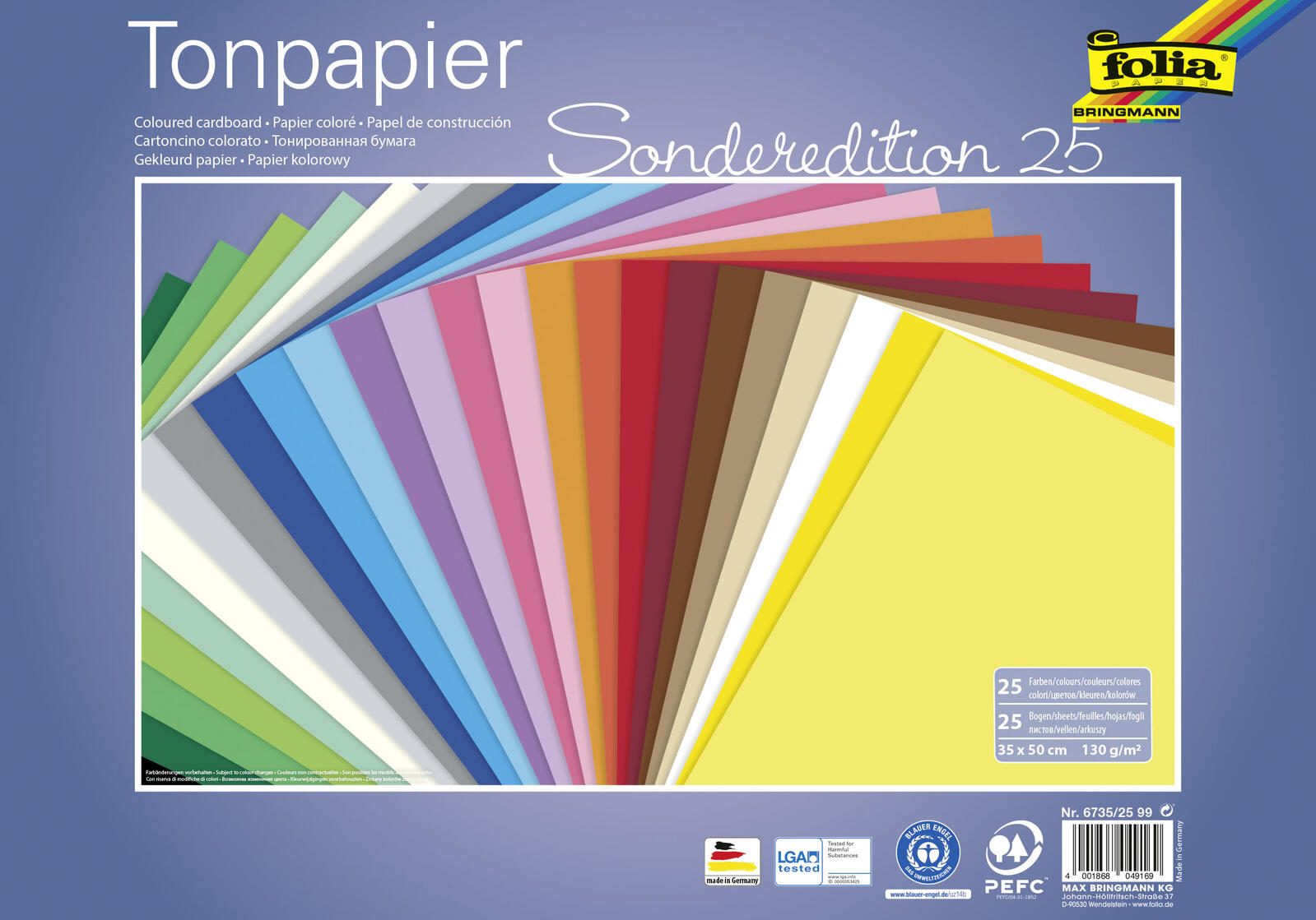 Folia Tonpapier Sonderedition 25 farbsortiert 130 g/qm 25 Bogen