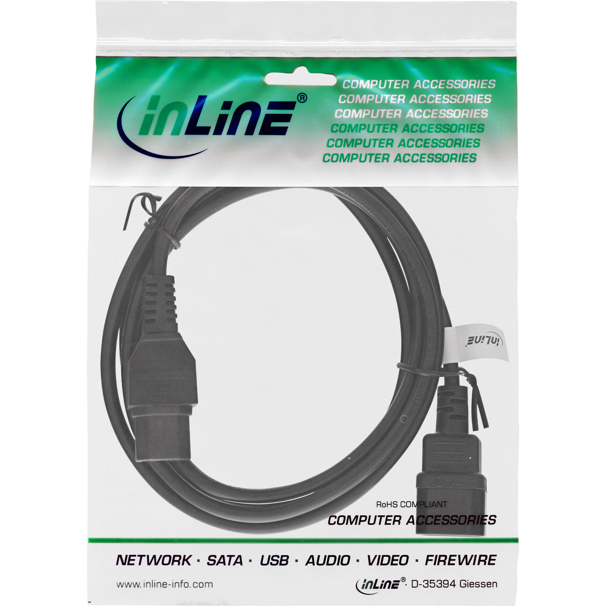 InLine power cable ext., hot condition conn. IEC-C15/IEC-C14 straight, 1m