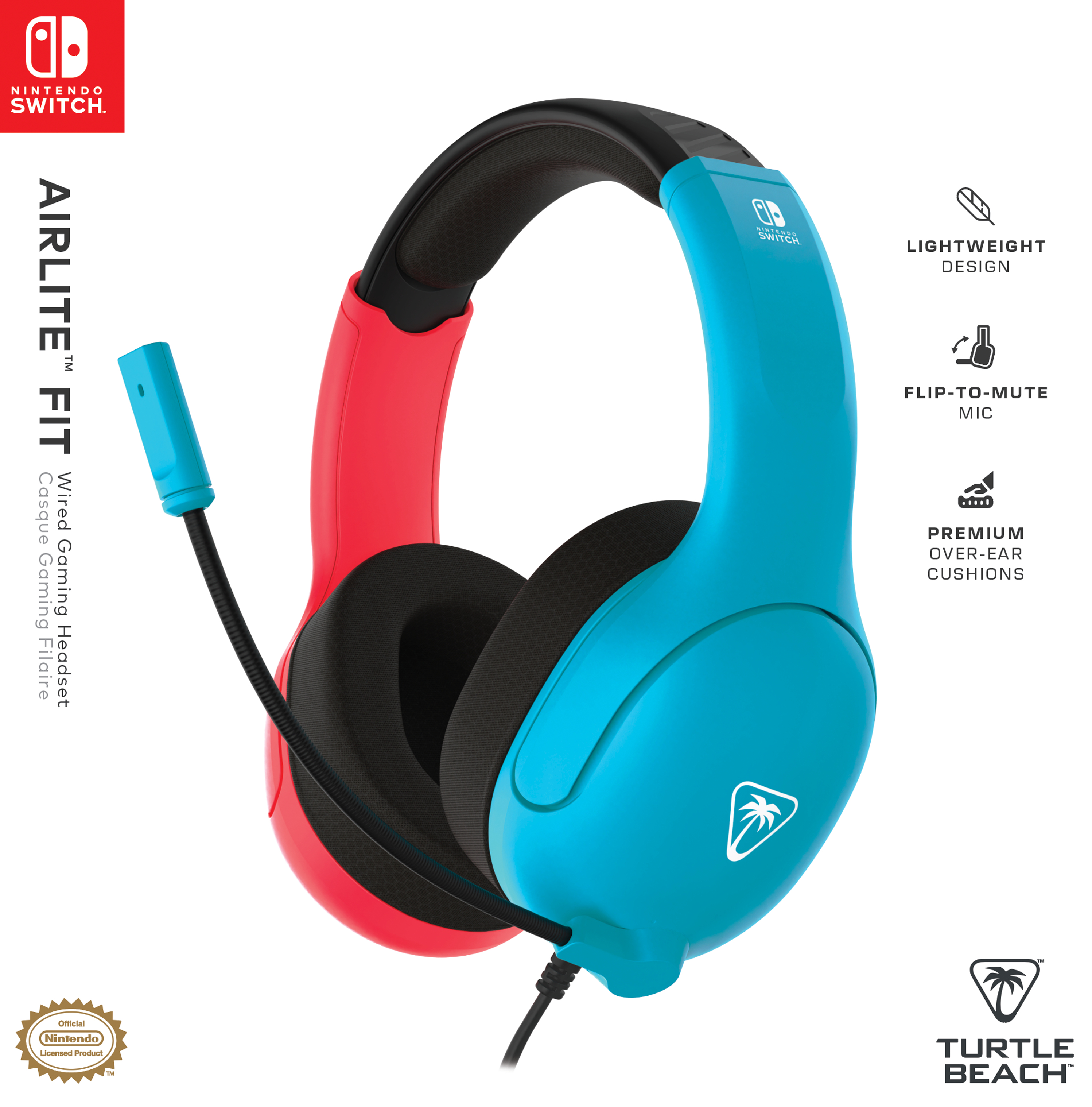 Turtle Beach Airlite Fit Neon Blue and Red Wired Gaming Headset with Flip-to-Mute Mic, Over-Ear Premium Comfort and 40mm Speakers. Officially Licensed for Nintendo Switch