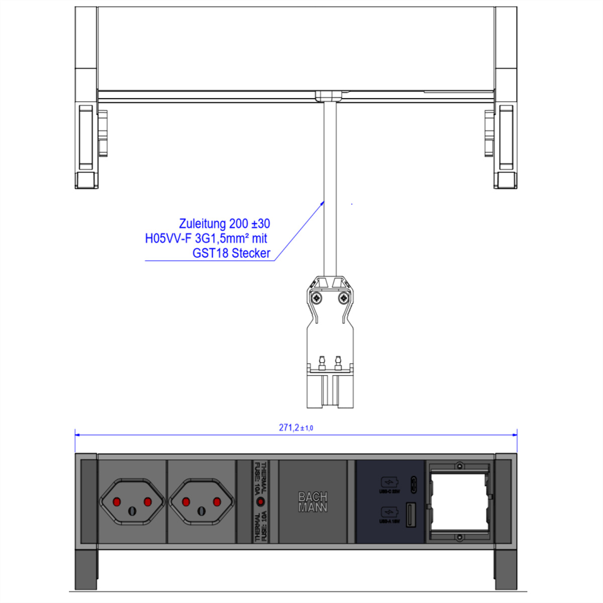 Bachmann DESK 2 - Steckdosenleiste - Eingabe, Eingang GST18 - Ausgangsanschl�sse: 2 (USB, 24 pin USB-C, 2 x T13)