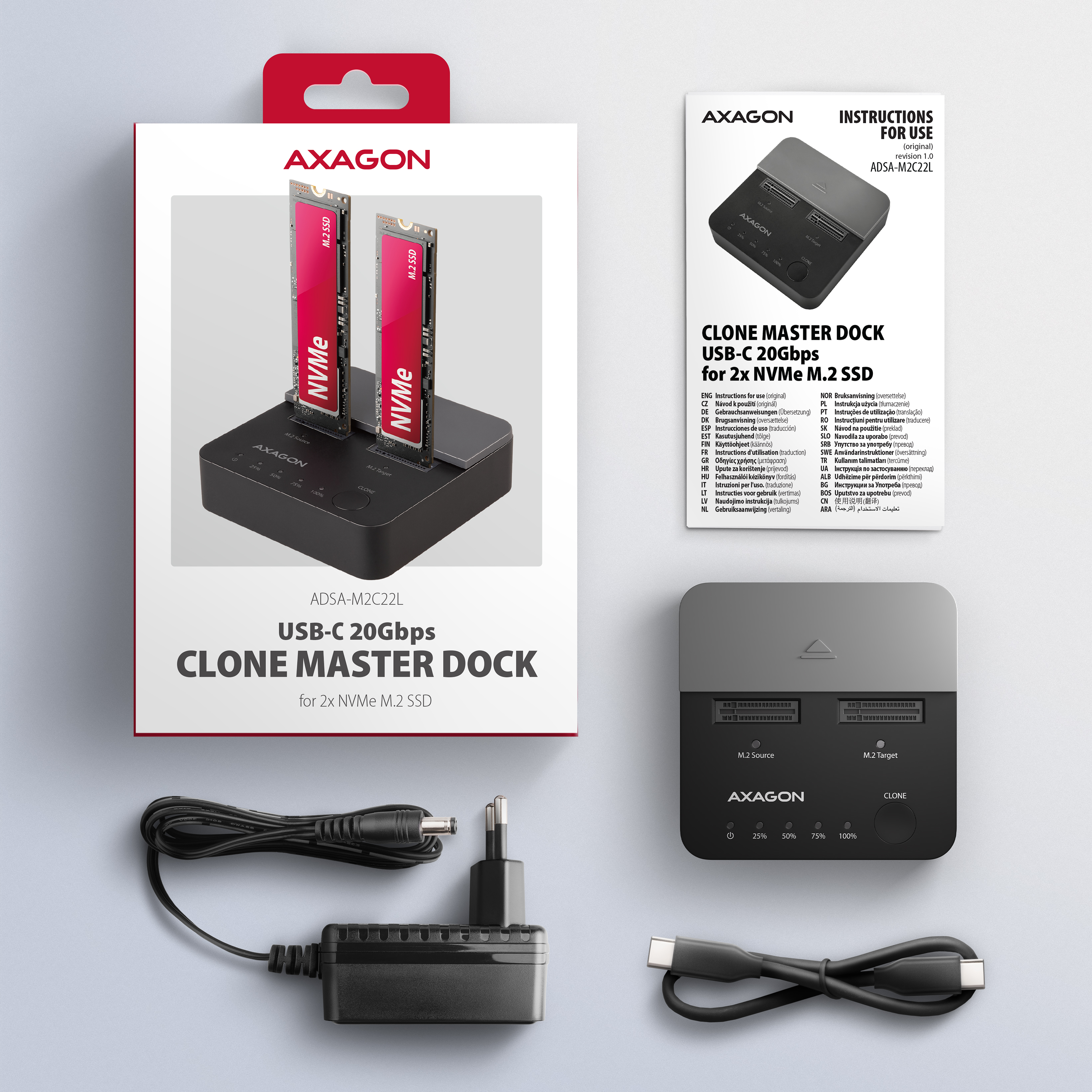 Axagon ADSA-M2C22L base de conexi�n para disco duro USB 3.2 Gen 2x2 Type-C Negro