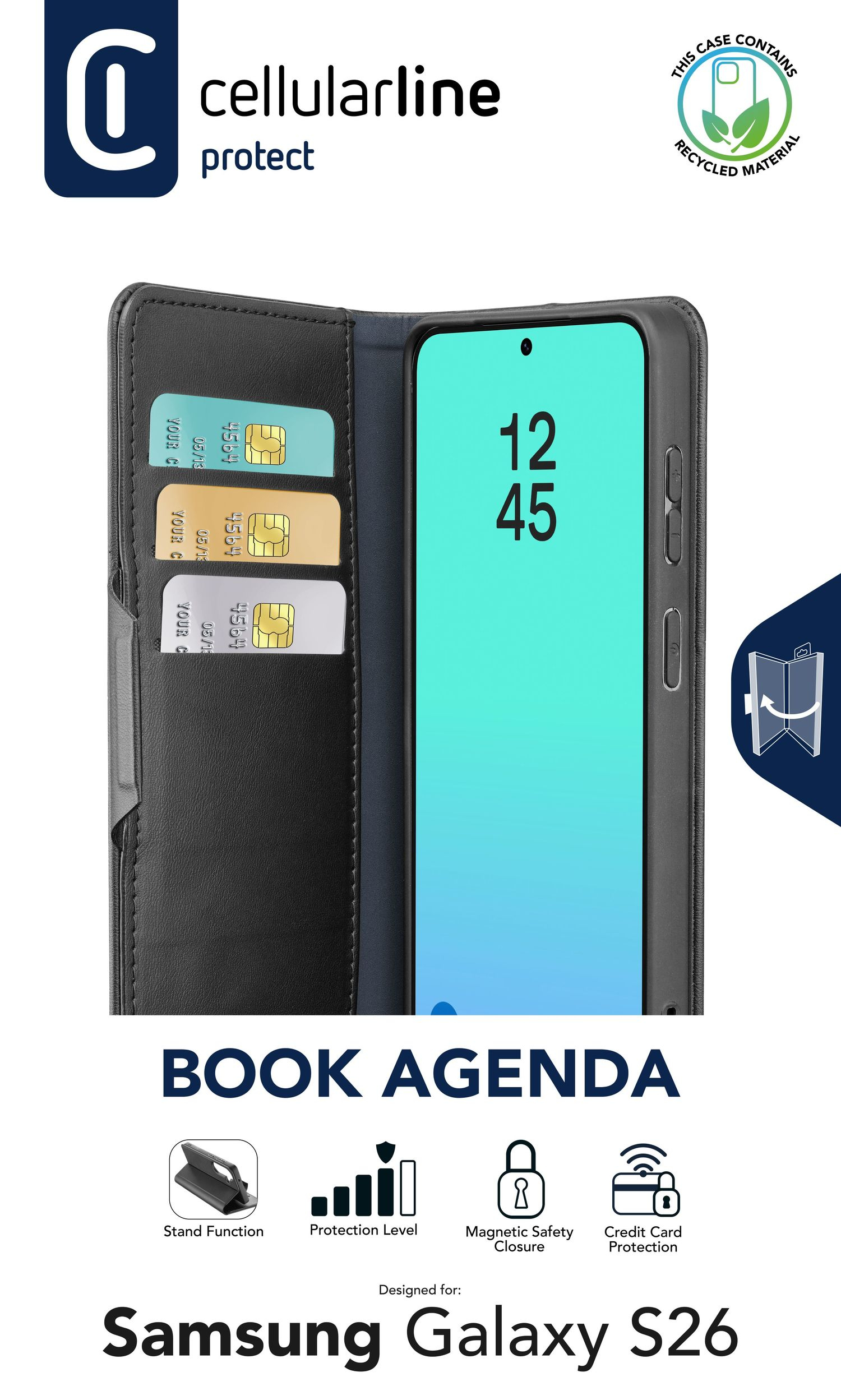 Cellularline Book Agenda - Galaxy S26 Custodia a libro effetto pelle con chiusura magnetica, funzione stand e protezione RFID per carte.