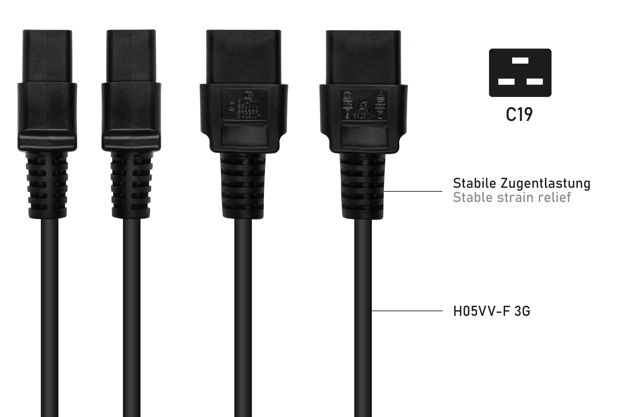 kabelmeister� Netzkabel Schutzkontakt-Stecker Typ E+F (90� gew.) an Kaltger�te-Buchse C19, schwarz,