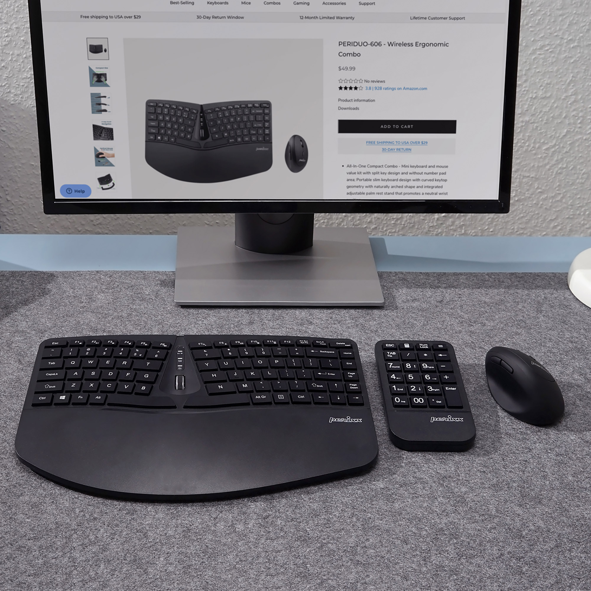 Perixx PERIDUO-606A DE 3-in-1 Tastatur- und Maus-Set kabellos ergonomisch - Touchpen - Optisch