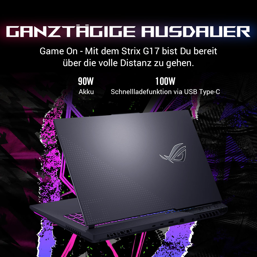 ASUS ROG Strix G17 G713PV-HX198W AMD Ryzen 9 7940HX Ordinateur portable 43,9 cm (17.3) Full HD 16 Go DDR5-SDRAM 1 To SSD NVIDIA GeForce RTX 4060 Wi-Fi 6E (802.11ax) Windows 11 Home Allemand Noir, Gris