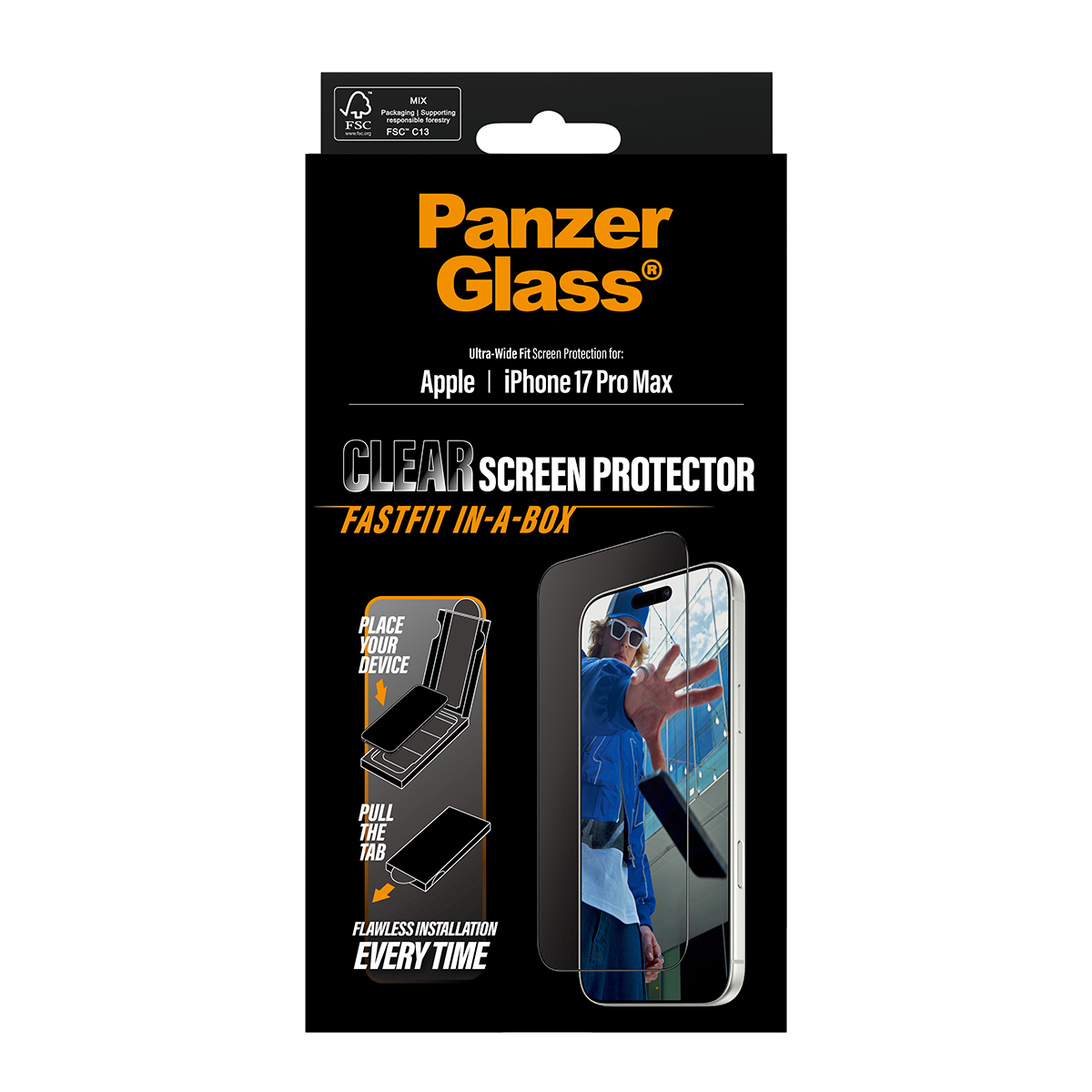 PanzerGlass Screen Protector w. black Frame iPhone 17 Pro Max Ultra-Wide Fit