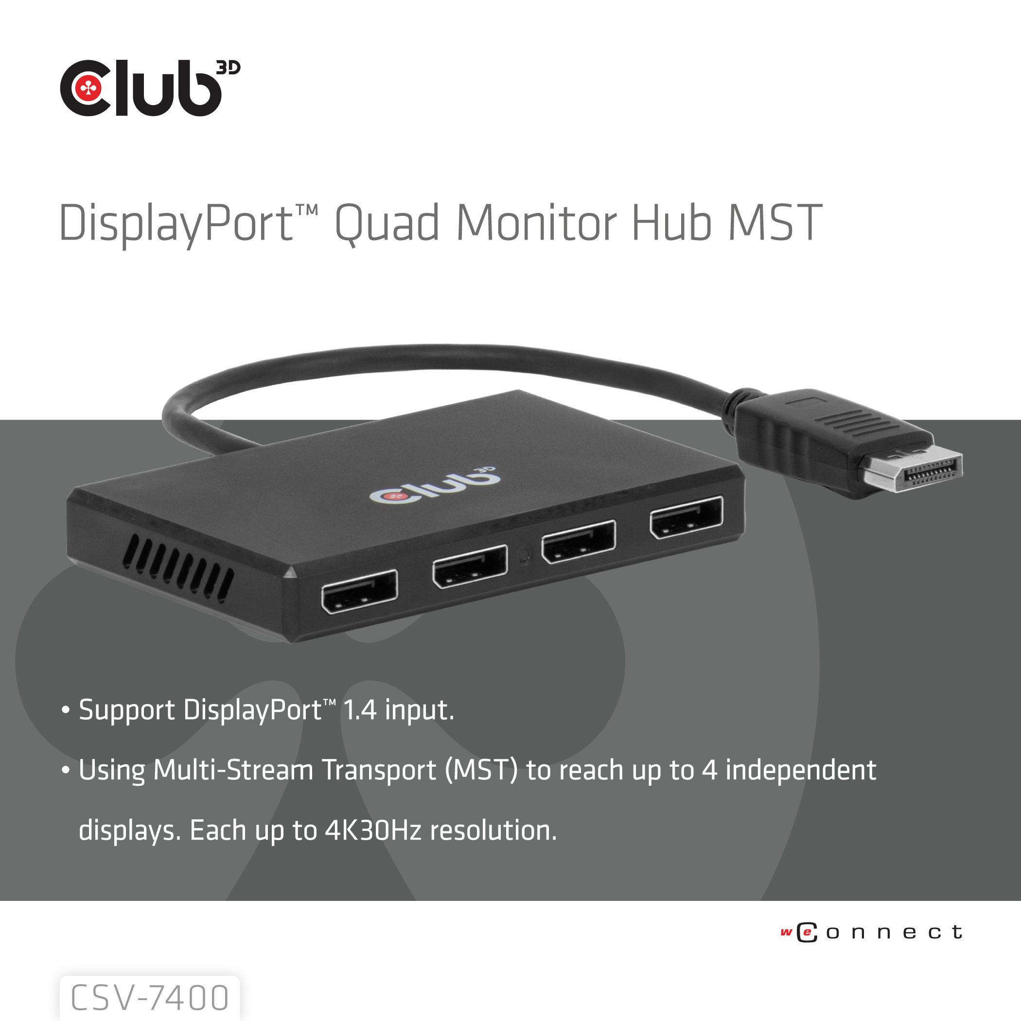 CLUB3D Quad DisplayPort Hub 4 x 4K Resolution @ 30Hz, MST Support