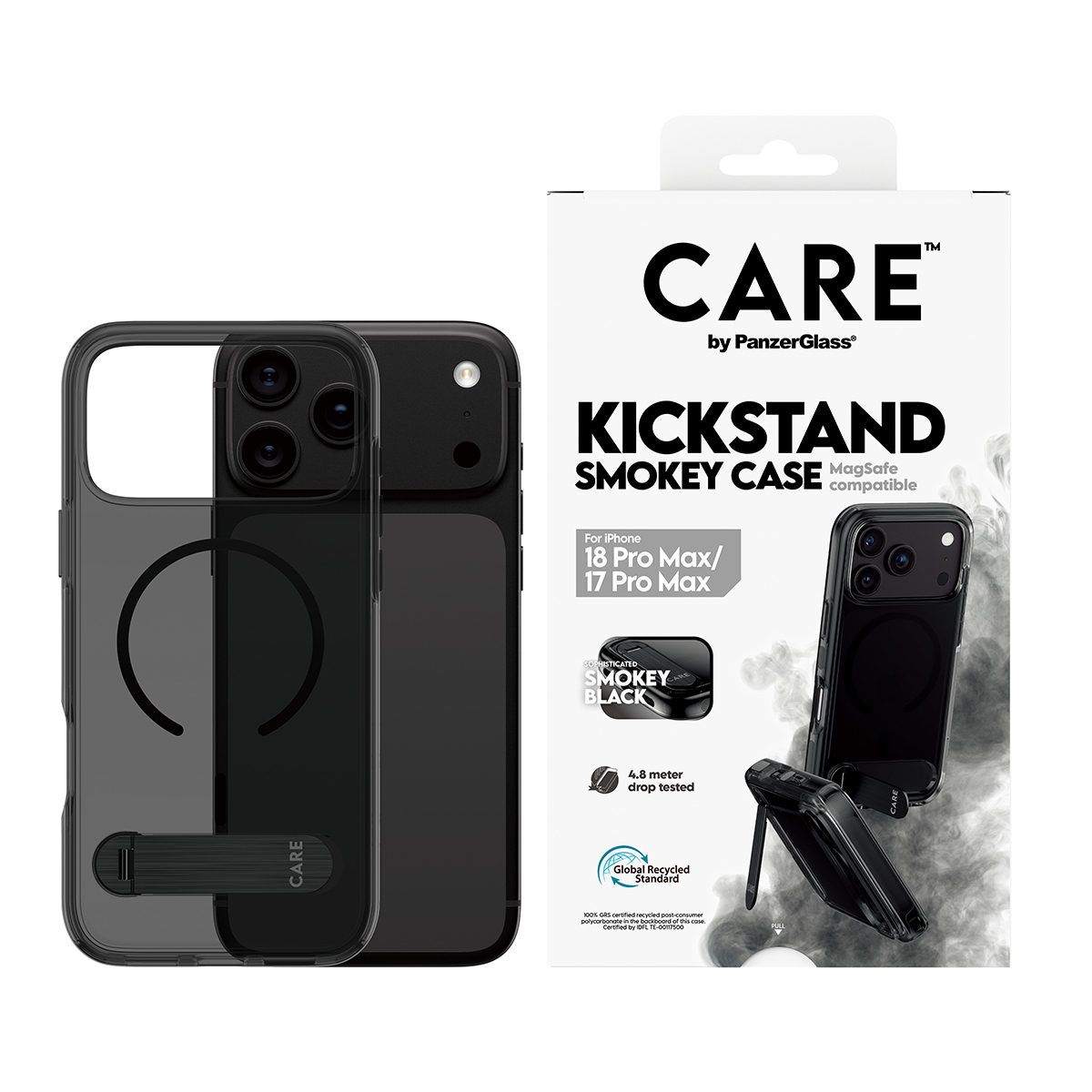 PanzerGlass CARE by � Kickstand Case Smokey w. Black MagSafe iPhone 2026 Pro Max | 17 Pro Max coque de protection pour t�l�phones portables Housse Transparent