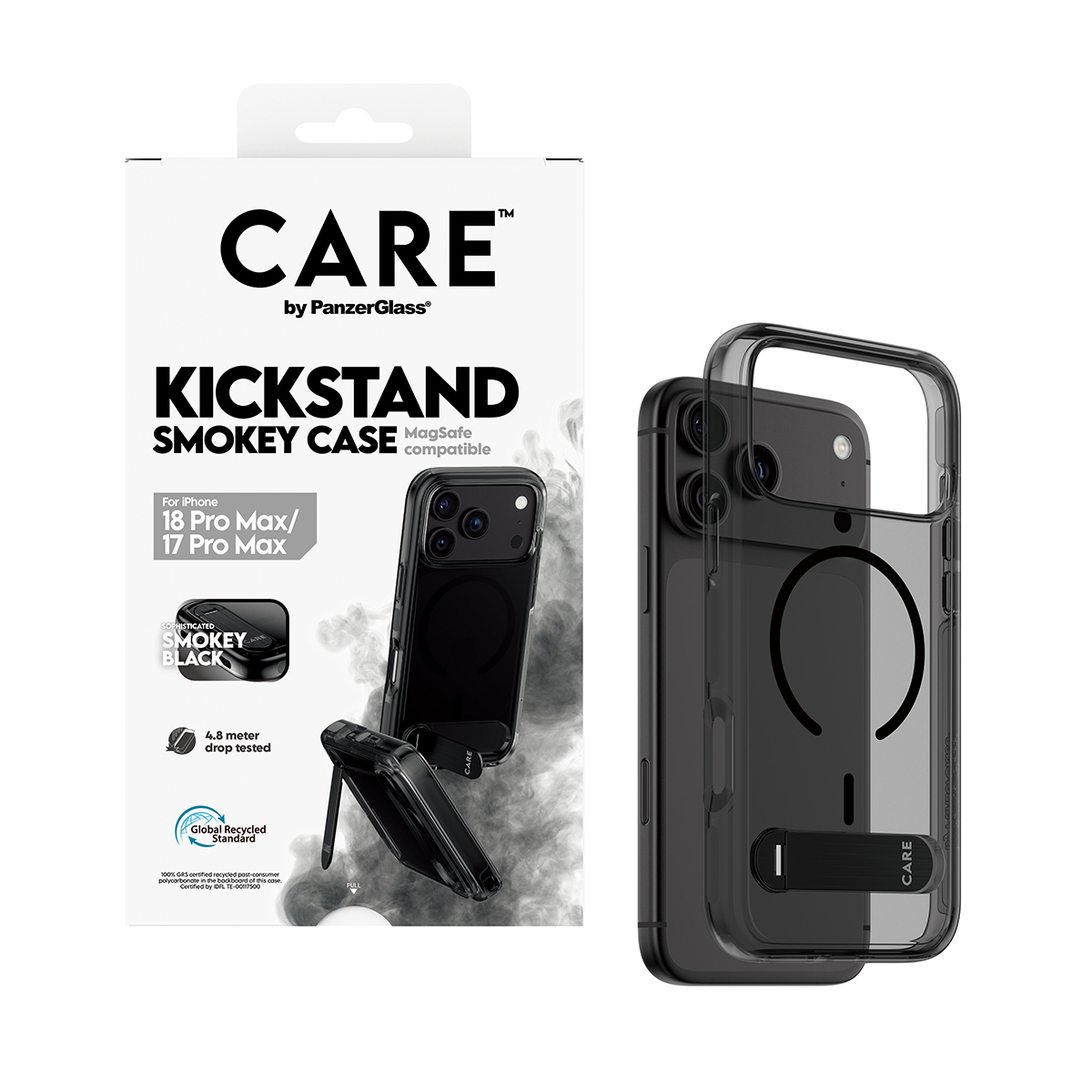 PanzerGlass CARE by � Kickstand Case Smokey w. Black MagSafe iPhone 2026 Pro Max | 17 Pro Max coque de protection pour t�l�phones portables Housse Transparent
